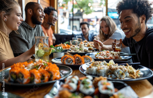 A diverse group of friends having lunch together at an urban restaurant  sharing food and conversation over dishes like sushi or pasta  showcasing the joyous nature of social eating experiences in cit