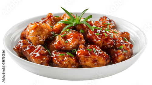 Orange Chicken on a plate isolated on transparent png background. Generative ai 