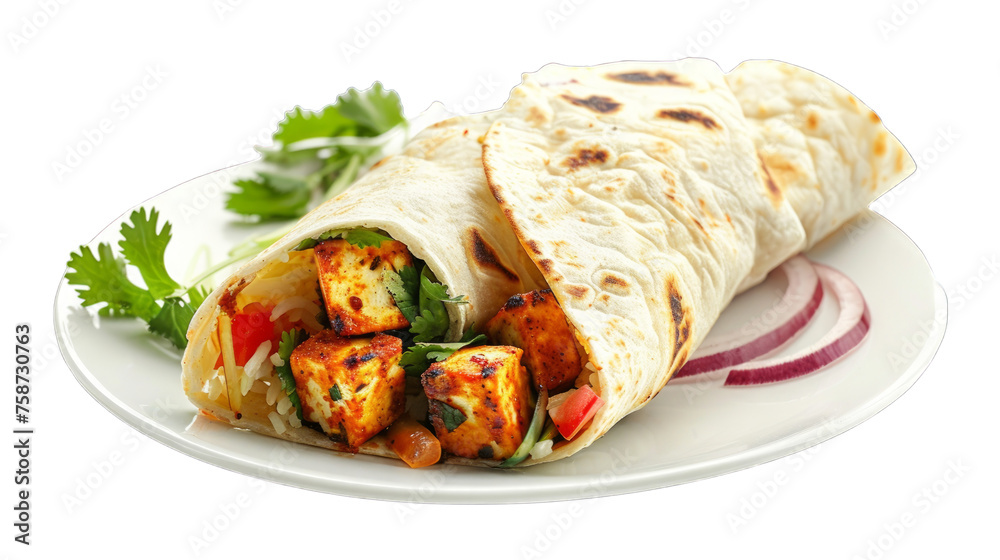 Paneer Tikka Wrap on a plate isolated on transparent png background. Generative ai Paneer Tikka Wrap on a plate isolated on transparent png background. Generative ai