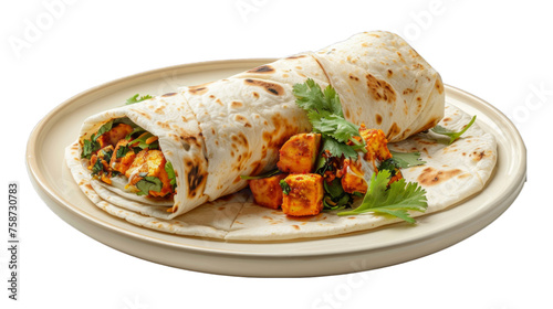 Paneer Tikka Wrap on a plate isolated on transparent png background. Generative ai  photo