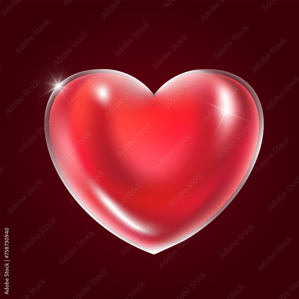 Red realistic glass heart. Plastic transparent heart shape bubble. 3d vector Red realistic glass heart. Plastic transparent heart shape bubble. 3d vector