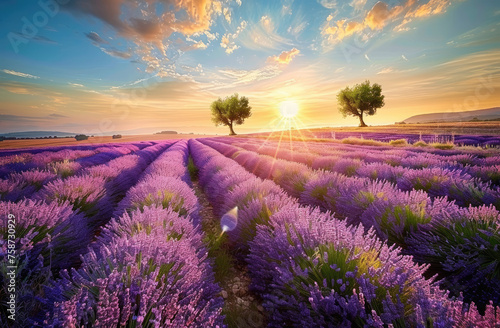 A lavender field in full bloom at sunset, rows of purple flowers swaying gently under the warm glow of the setting sun