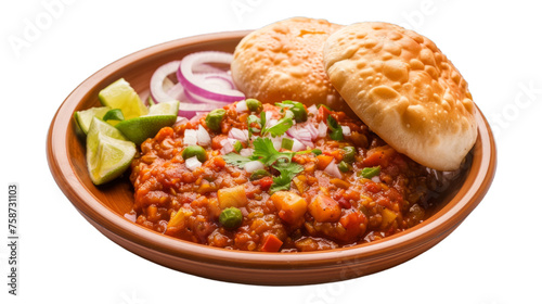 Pav Bhaji on a plate isolated on transparent png background. Generative ai 