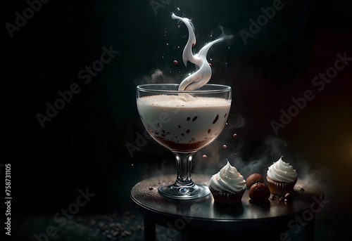 Cup of coffee with milk on a dark background. Hot cappuccino prepared with milk.