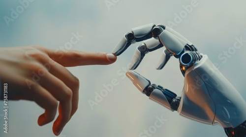 A human finger and a robotic one almost touch in a modern interpretation of the creation touch