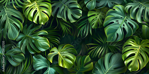 Abstract foliage and botanical background featuring green tropical forest wallpaper of monstera leaves, palm leaf, and branches in a hand-drawn pattern. Perfect for banners, prints, decor.