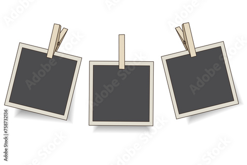 Realistic retro Frame on clothespins with shadows. Photo mockup for scrapbook in trendy grunge vintage style isolated white. Vector illustration can used web social media design. EPS 10