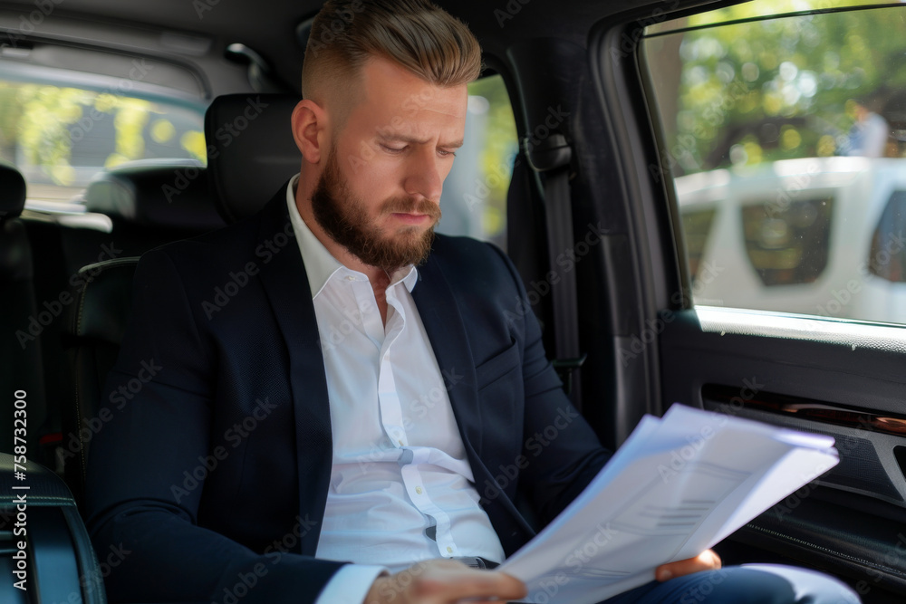 Businessman Reviewing Documents in Car
