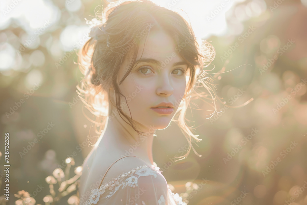 Ethereal Woman in Sun-Kissed Glow with Delicate Lace Detail Ethereal Woman in Sun-Kissed Glow with Delicate Lace Detail