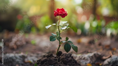 New Beginnings and Resilience: A Vibrant Red Rose Blooms from the Rich Earth