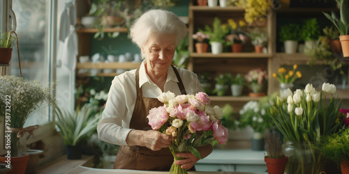 Florist working in flower shop. Elderly woman is arranging bouquet of flowers in shop. © meteoritka