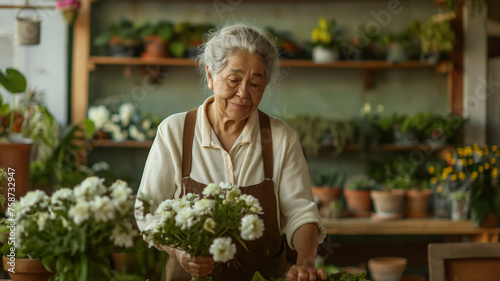 Senior asian woman making bouquet of flowers. Florist working in flower shop, local business. © meteoritka