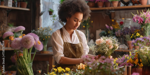 Florist working in flower shop. Mixed race young woman making bouquet of flowers.