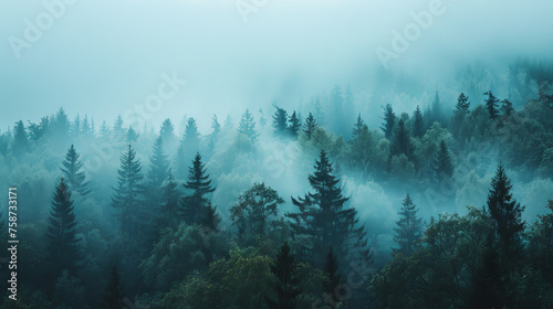 Misty Forest Canopy at Dawn: A Tranquil Nature Scene