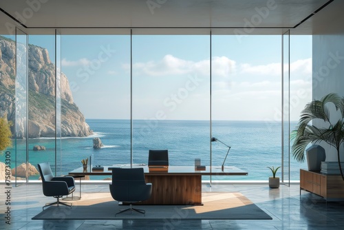 An office scene where sleek glass windows frame a panoramic seaside view