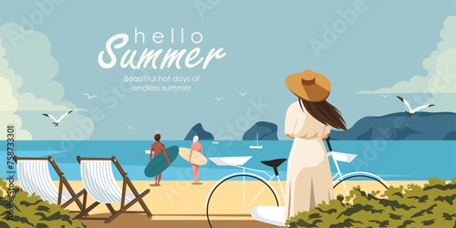 Hello summer, summer time, horizontal banner.