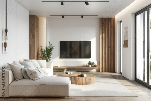 Modern Minimalist Living Room with Natural Light and Wooden Accents © artem