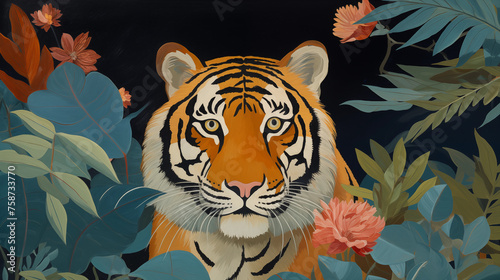 Illustration d un tigre  dans un style artistique  entour   de feuilles  de v  g  tations et de fleurs. Fond bleu. Pour conception et cr  ation graphique.