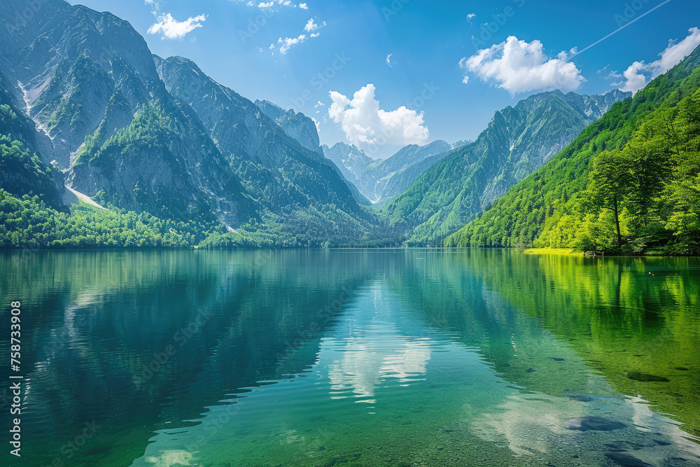 A stunning view of the Alps mountain range with clear blue skies, lush greenery and crystal clear waters reflecting the majestic peaks