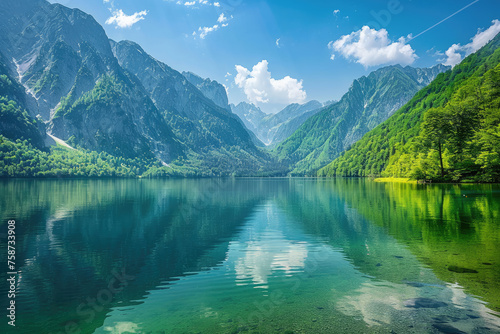 A stunning view of the Alps mountain range with clear blue skies  lush greenery and crystal clear waters reflecting the majestic peaks