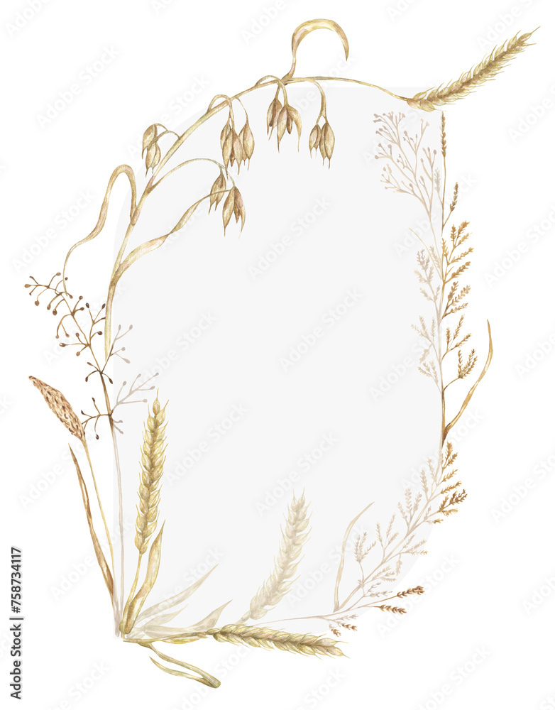 Watercolor wheat, grass and oats card. Hand drawn botanical illustration. Graet for greeting card, wedding invitation, book cover, save the date template. White empty space. Your text here Watercolor wheat, grass and oats card. Hand drawn botanical illustration. Graet for greeting card, wedding invitation, book cover, save the date template. White empty space. Your text here