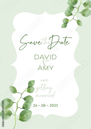 elegant save the date invitation with hand painted watercolour leaves design