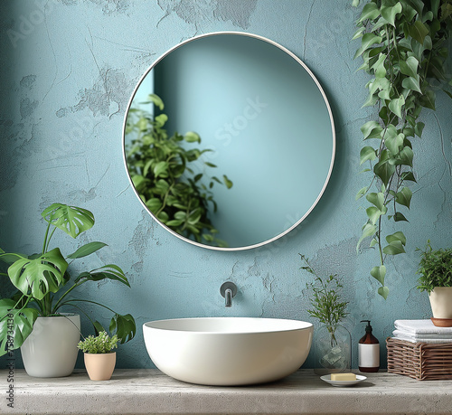 salle de bain cosy, et très nature, mur bleu, évier ou lavabo en pierre, avec un miroir rond reflétant les nombreuses plantes vertes présentes dans la pièce. Produits de beauté ou hygiène, serviettes 
