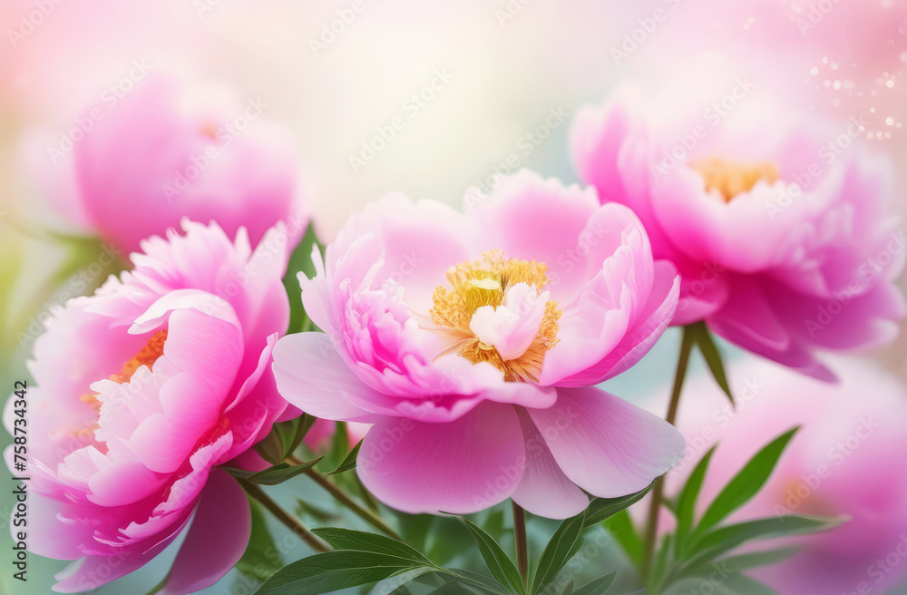 Illustration of blooming peonies peonies on a spring morning.