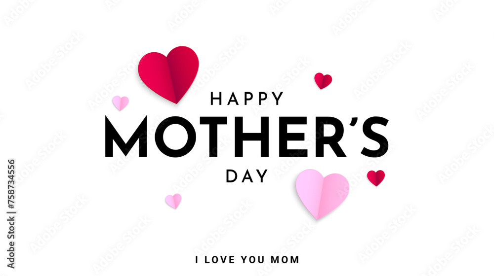 Mother's Day greeting card design. Mother's day background with pink and red paper heart elements. Vector illustration