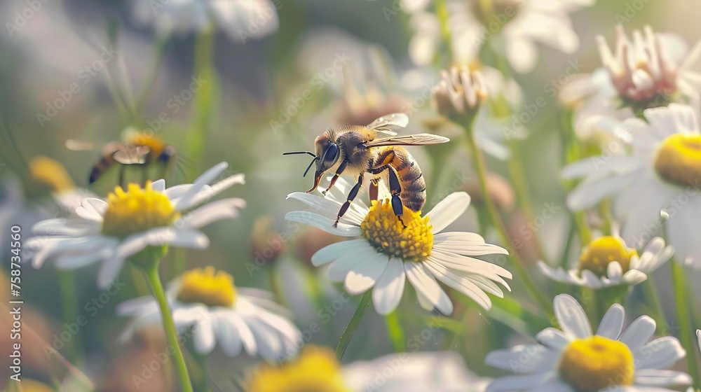 A bee gathering nectar on a blooming flower in a lush garden A bee gathering nectar on a blooming flower in a lush garden