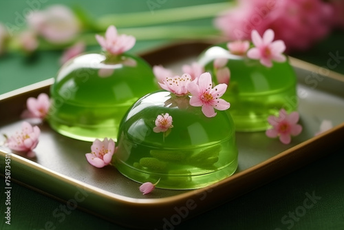 Mizu Yokan est un dessert traditionnel japonais, wagashi, dessert de gelée faite de haricots rouges azuki, de gélose et de sucre parfumé pour le printemps et l'été qui désaltère, riche en thé matcha