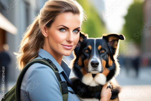 A female dog handler with a dog. Professional holiday Day of Dog Training Units concept. Pretty girl with dog, smiling and looking to camera.