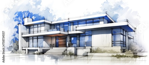 Modern architectural concept sketch of a house building exterior. Architecture abstract in blueprint or wire-frame style.