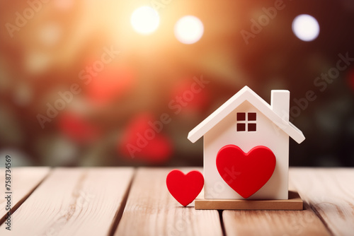 miniature maison blanche en bois avec des cœurs rouges sur un plateau en bois, fond flouté avec des cœurs rouges. Concept, immobilier, agence immobilière, location, vente, échange. Copyspace