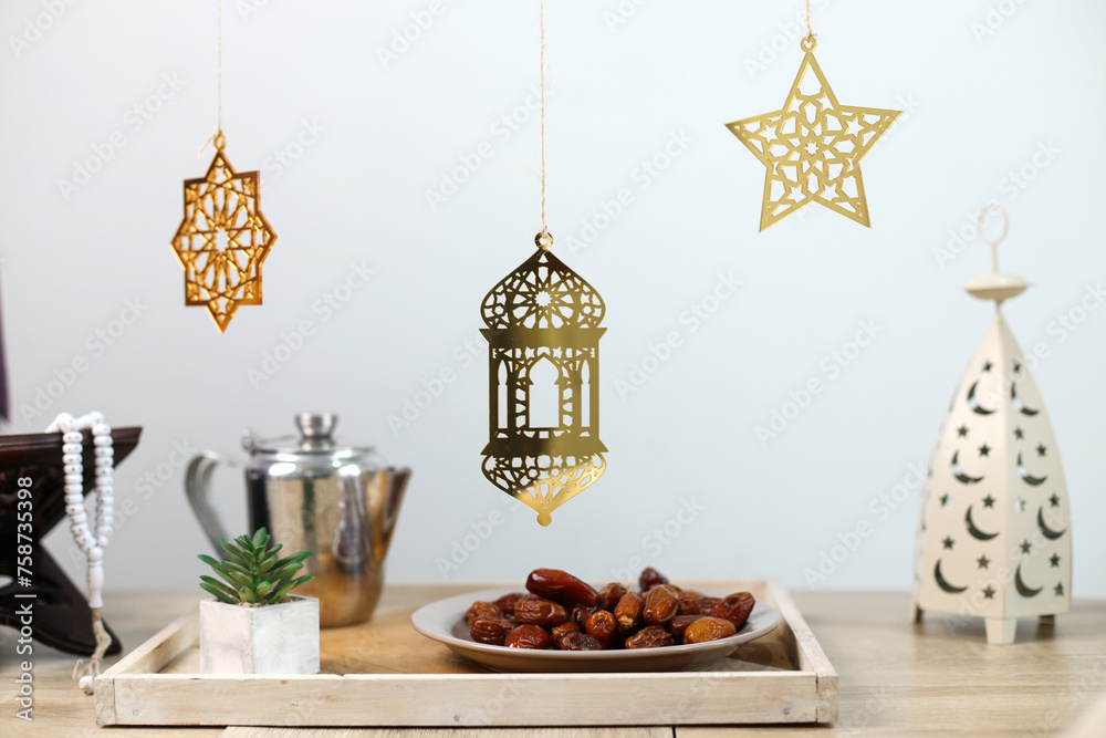 Iftar Food and Drinks Flatlay for Ramadan Festive Background 