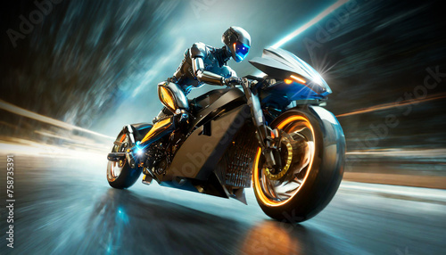 Bottom view and side view of a humanoid robot riding a futuristic high speed motorbike against an abstract image with motion blur. Generative Ai.