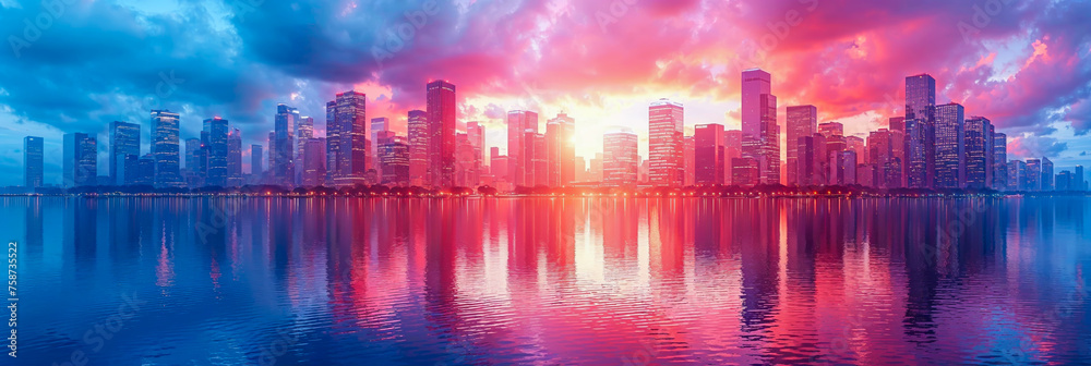 panorama d'une villes avec des buildings qui se reflètent sur une étendue d'eau au coucher de soleil
