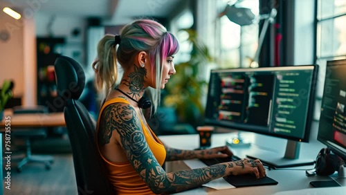 Tattoo covered young woman working as a computer programmer in her office photo
