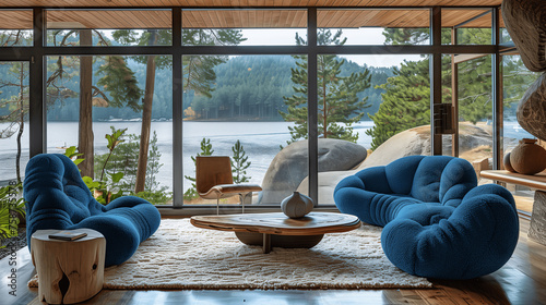 Modern Lakeside Living Room with Large Windows and Nature View