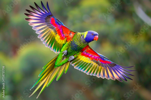brightly colored parrot in mid-flight. plumage is green, with a vivid blue and hints of yellow. The parrot is captured with its wings showcasing the grace and agility of its flight.