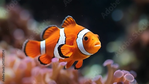 Orange clown fish swimming in underwater