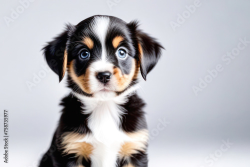 cute little puppy on a white background, space for text. Pet food and dog day advertising concept.