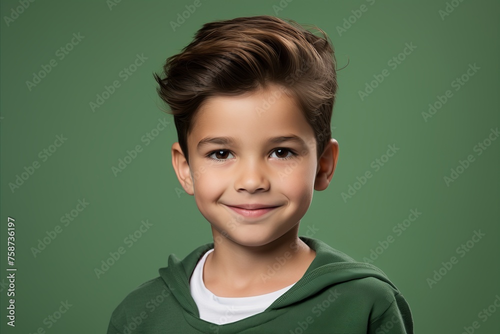smiling boy in green sweatshirt looking at camera over green background smiling boy in green sweatshirt looking at camera over green background