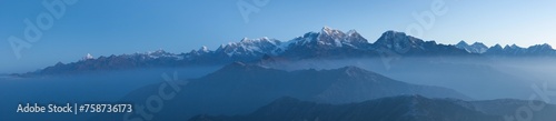 Great Himalayan Mountain range including mount Everest panorama. Landscape in Nepal in morning mist.