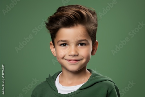 smiling boy in green sweatshirt looking at camera over green background