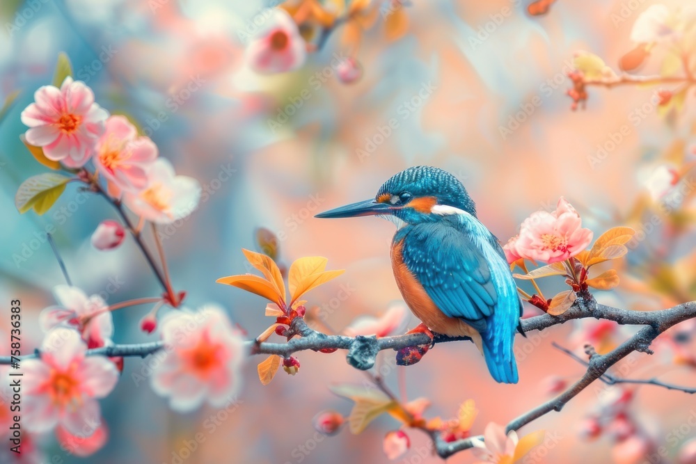 Vivid Kingfisher Resting Among Autumn Berries - Generative AI