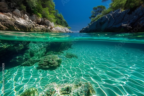 /imagine A hidden cove in Croatia, where the water is so clear you can see straight to the sandy bottom, with vibrant coral reefs just offshore.