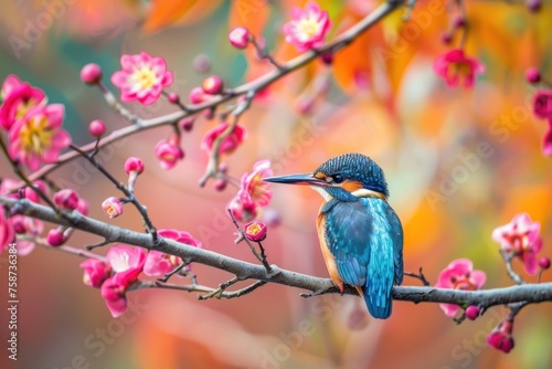 Vivid Kingfisher Resting Among Autumn Berries - Generative AI © Gelpi