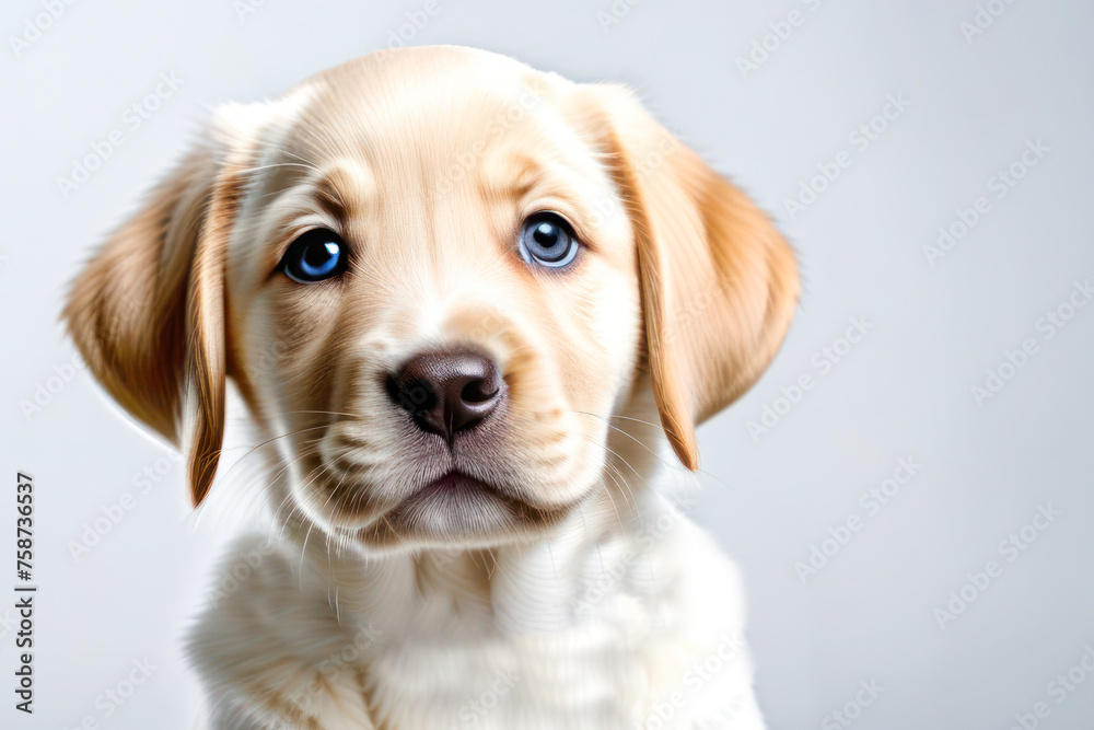 cute little puppy on a white background, space for text. Pet food and dog day advertising concept.