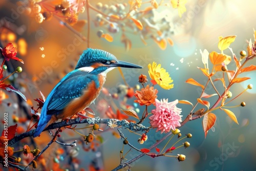 Vivid Kingfisher Resting Among Autumn Berries - Generative AI